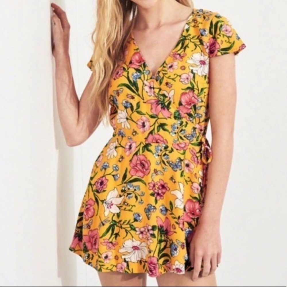 Hollister wrap front romper in floral yellow